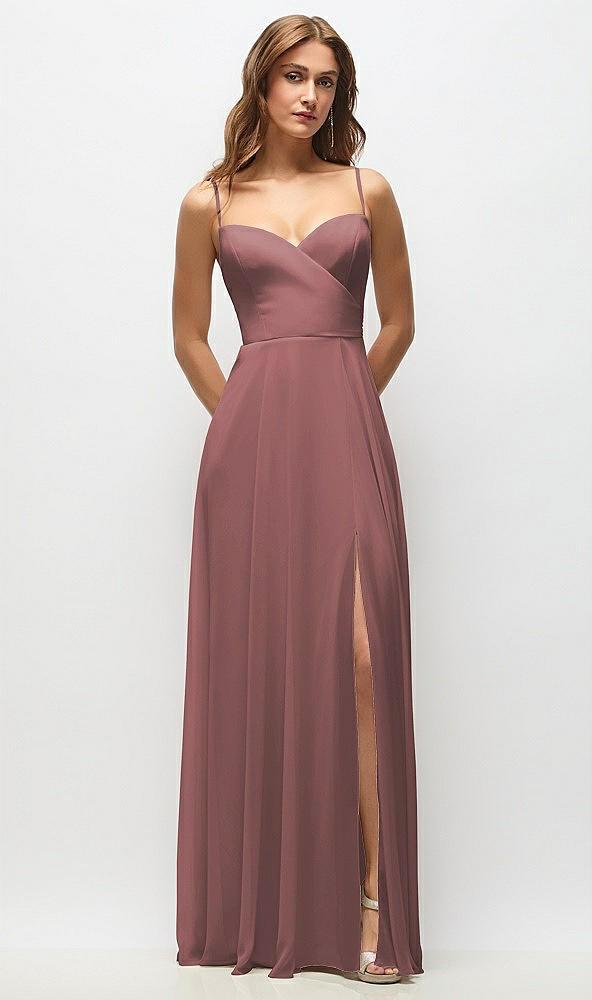 wrap bodice chiffon maxi dress with adjustable spaghetti straps