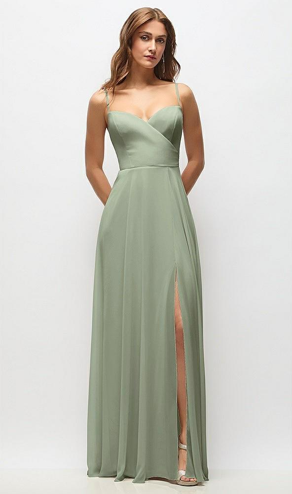 wrap bodice chiffon maxi dress with adjustable spaghetti straps