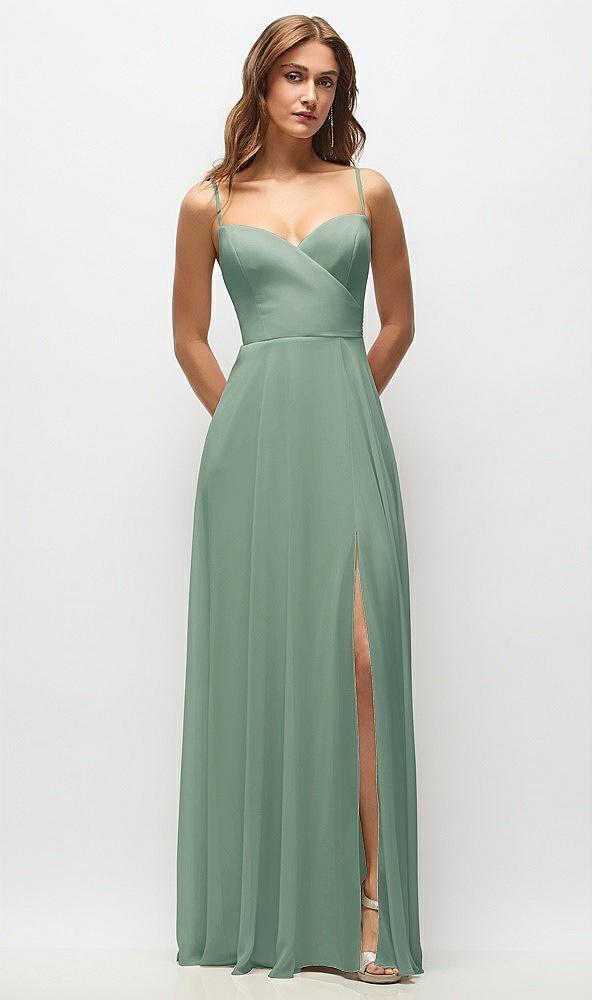 wrap bodice chiffon maxi dress with adjustable spaghetti straps