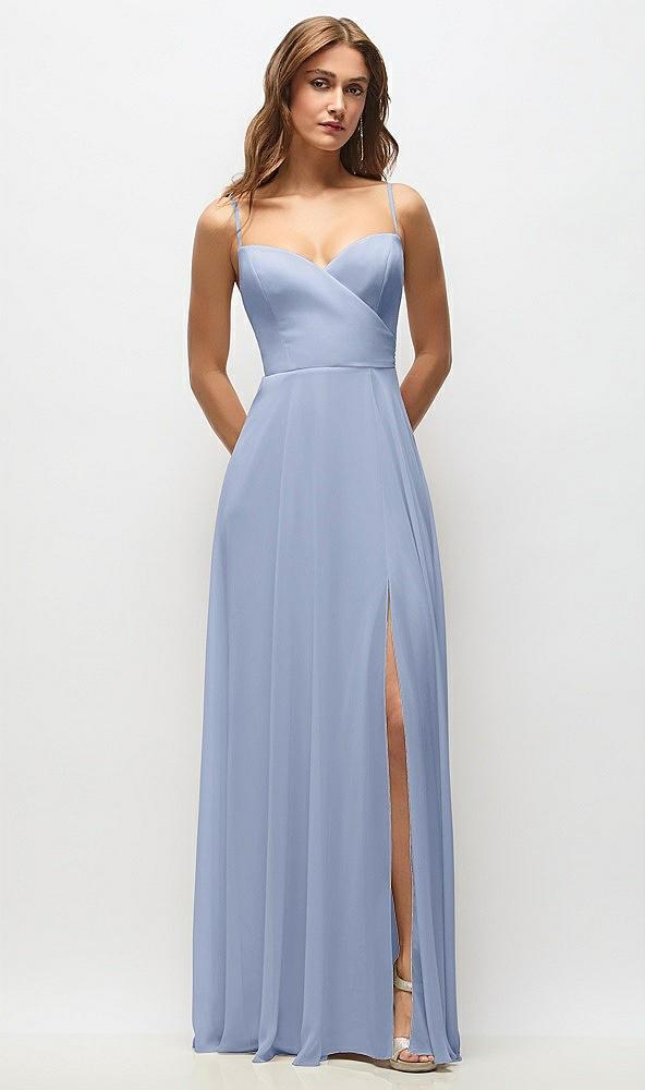 wrap bodice chiffon maxi dress with adjustable spaghetti straps