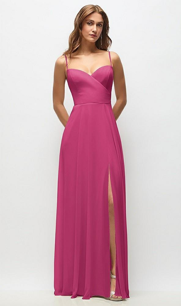 wrap bodice chiffon maxi dress with adjustable spaghetti straps