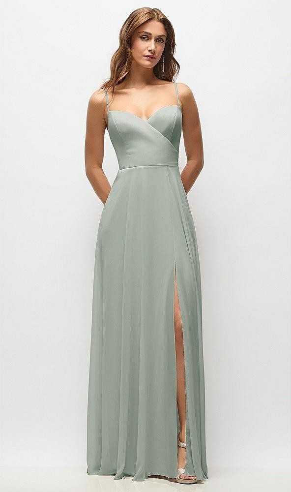 wrap bodice chiffon maxi dress with adjustable spaghetti straps