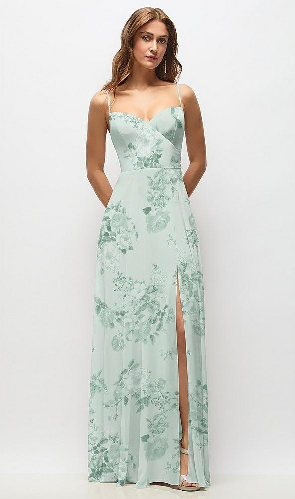 wrap bodice floral chiffon maxi dress with adjustable spaghetti straps