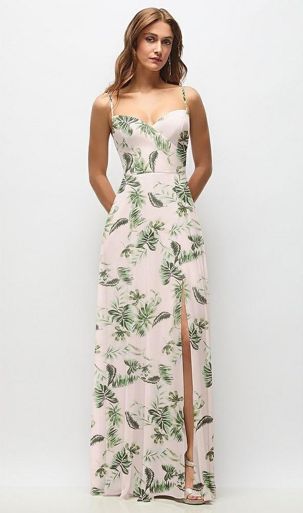wrap bodice floral chiffon maxi dress with adjustable spaghetti straps