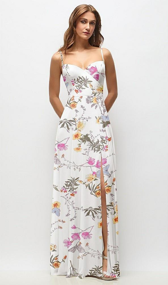 wrap bodice floral chiffon maxi dress with adjustable spaghetti straps