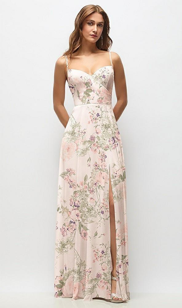 wrap bodice floral chiffon maxi dress with adjustable spaghetti straps
