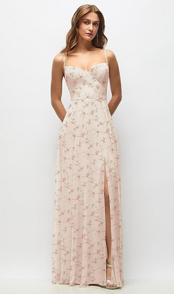 wrap bodice floral chiffon maxi dress with adjustable spaghetti straps