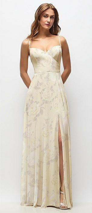 wrap bodice floral chiffon maxi dress with adjustable spaghetti straps