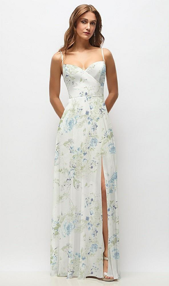 wrap bodice floral chiffon maxi dress with adjustable spaghetti straps