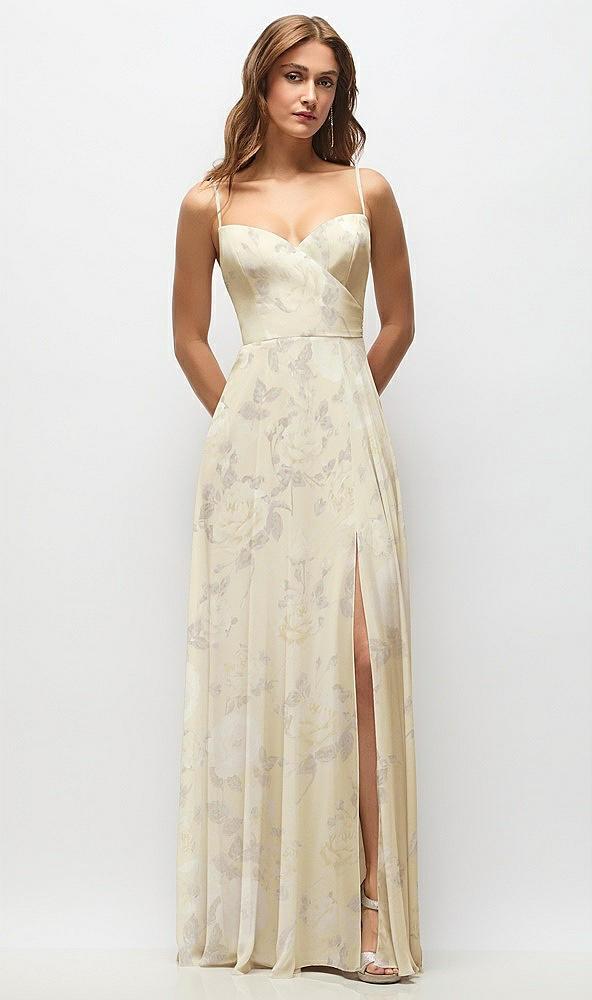 wrap bodice floral chiffon maxi dress with adjustable spaghetti straps