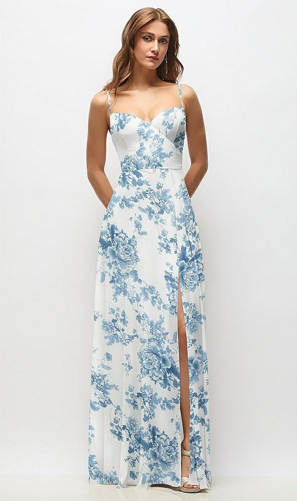 wrap bodice floral chiffon maxi dress with adjustable spaghetti straps