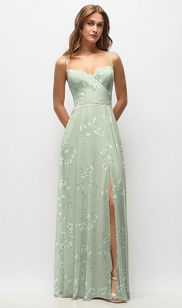 wrap bodice floral chiffon maxi dress with adjustable spaghetti straps
