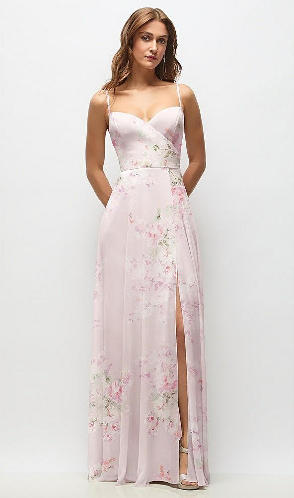wrap bodice floral chiffon maxi dress with adjustable spaghetti straps