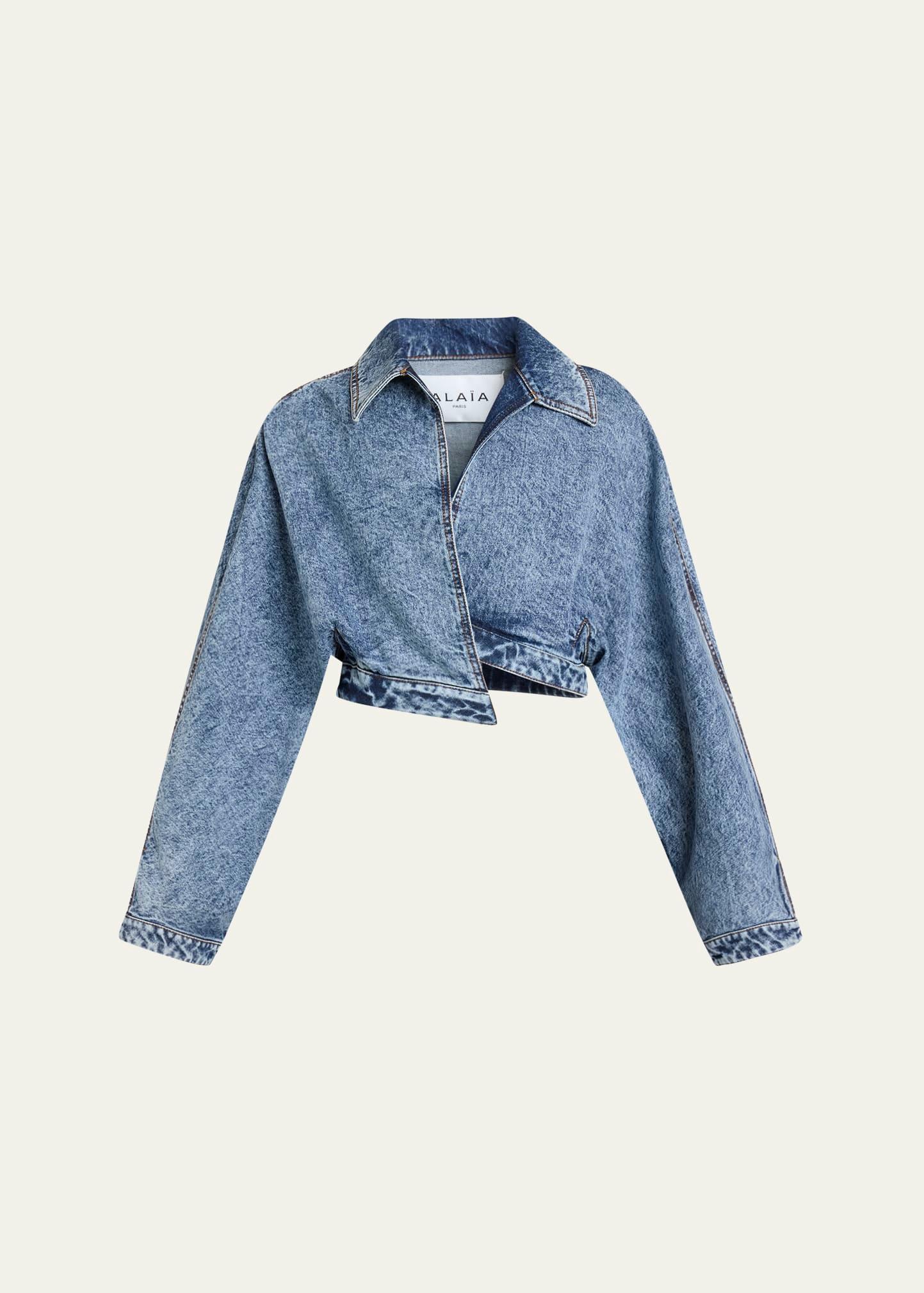 wrap denim cropped asymmetric jacket