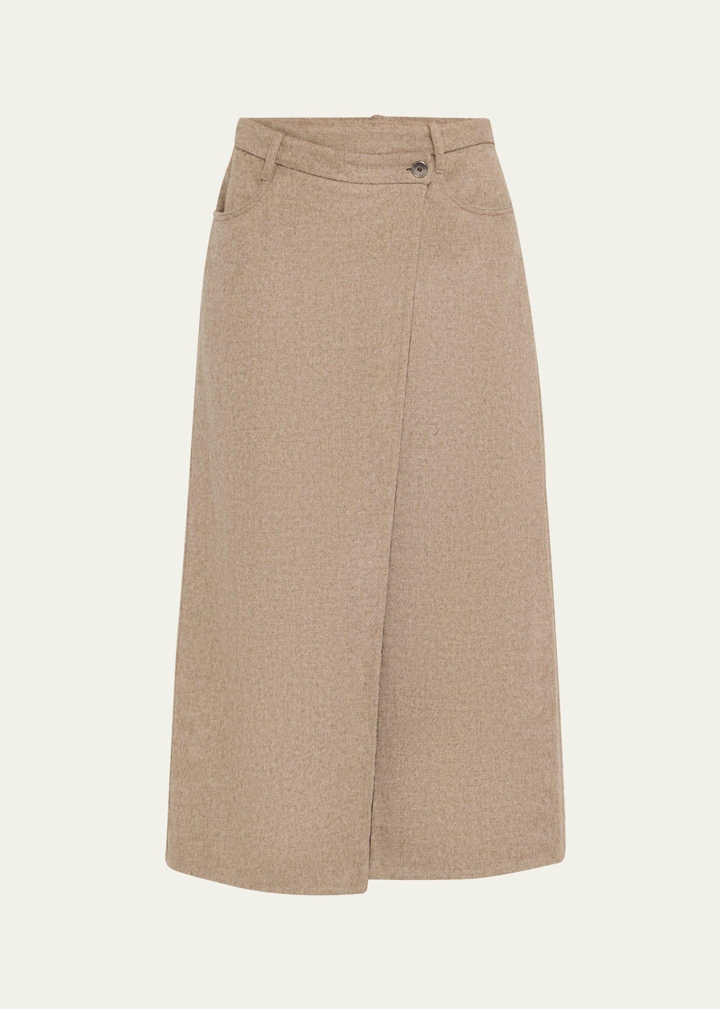 wrap fluid double face wool midi skirt
