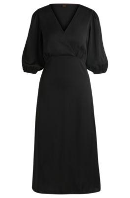 wrap-front dress in hammered satin- black women's business dresses