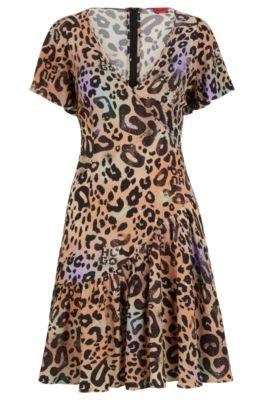 wrap-front dress in leopard-print fabric- patterned women's day dresses