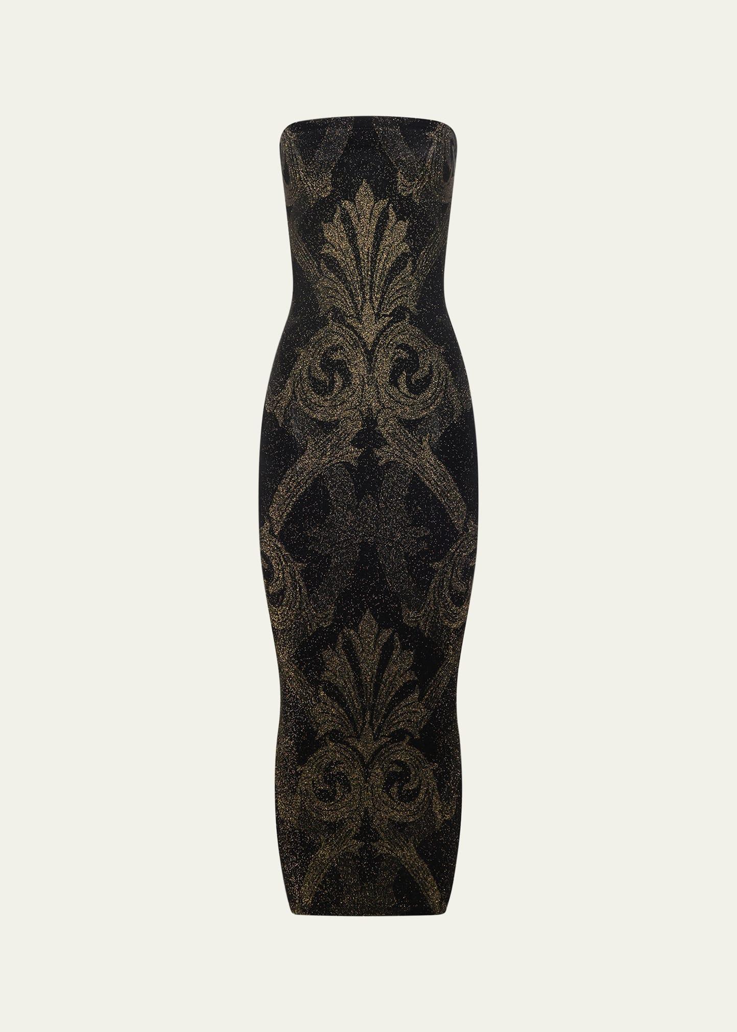 x etro strapless metallic jacquard midi dress