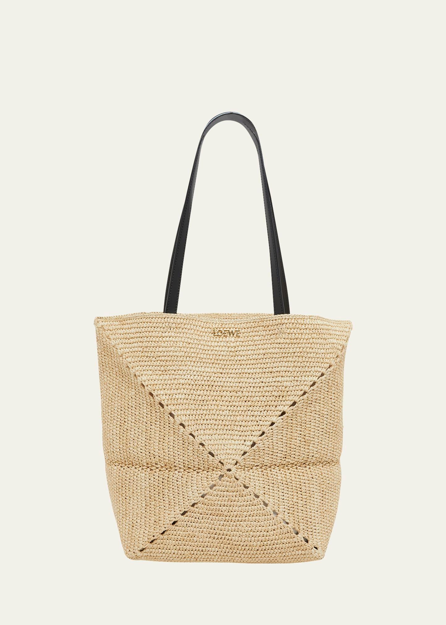 x paula’s ibiza medium puzzle fold tote bag in raffia with leather handles