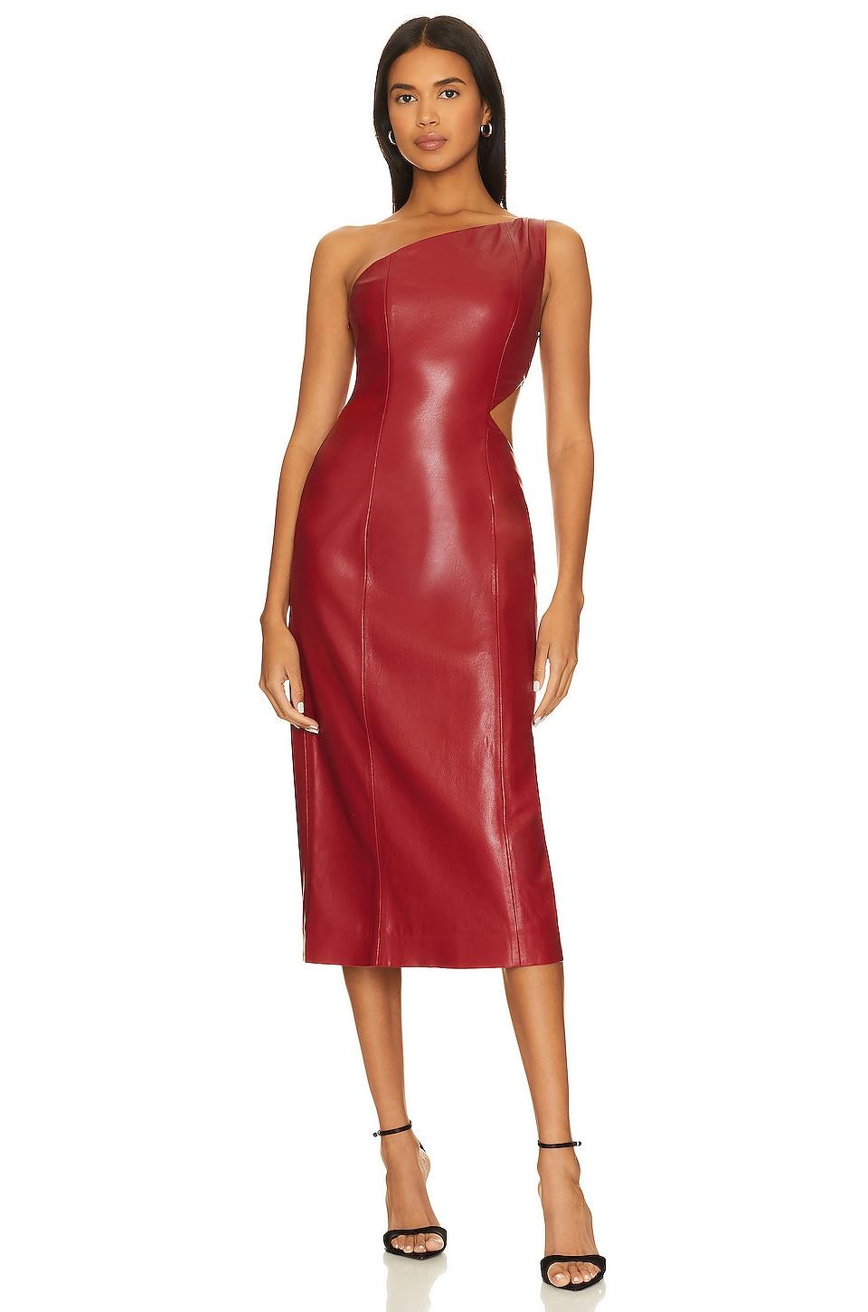 x revolve bordeaux faux leather midi dress