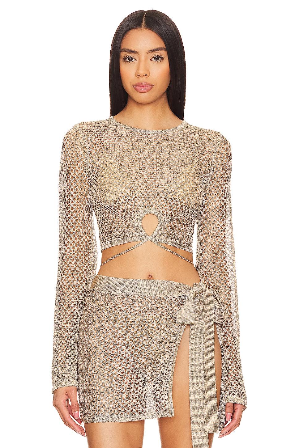 x revolve sana metallic open stitch top