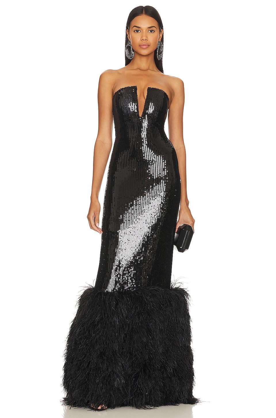 x revolve sequin and feather gown