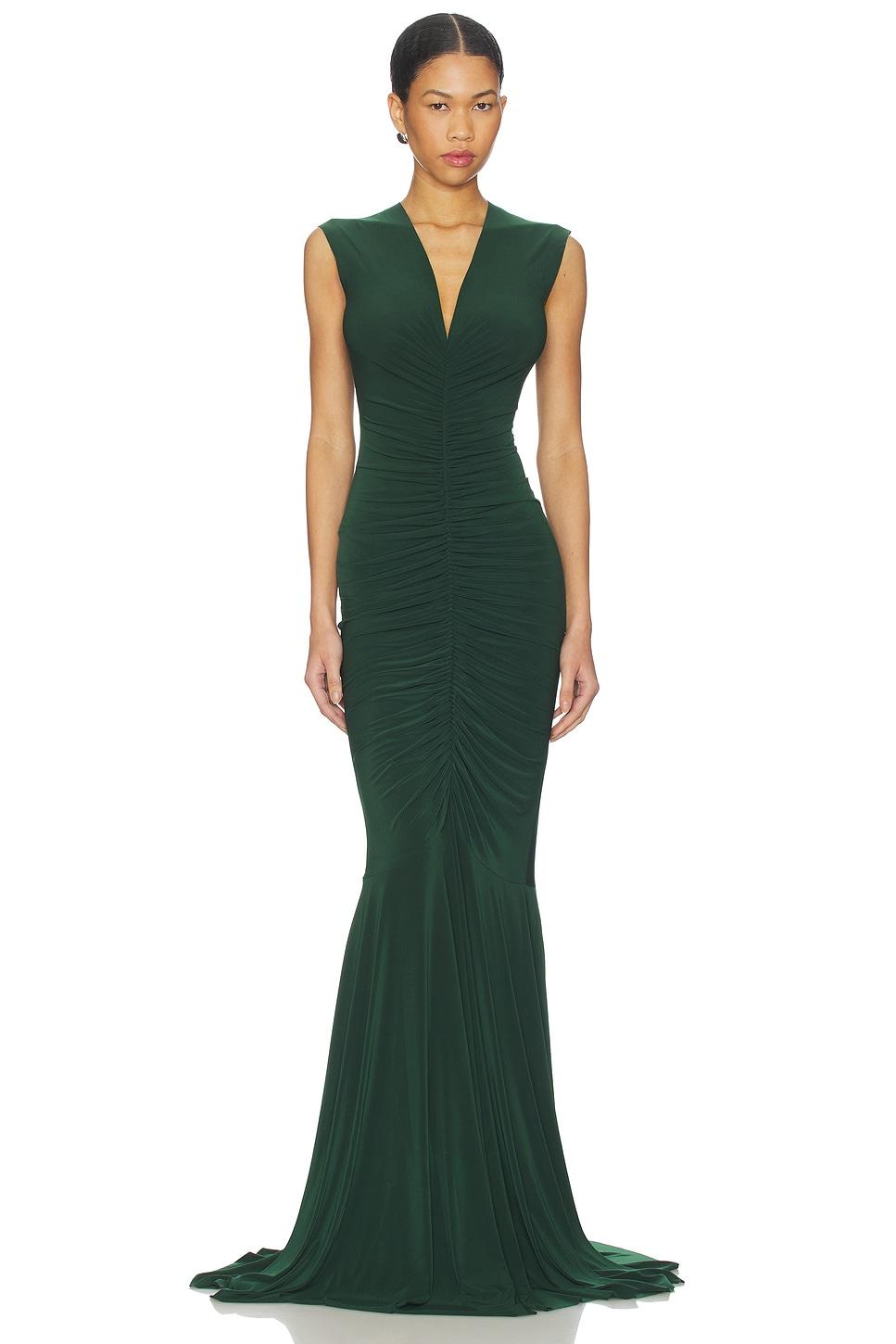 x revolve sleeveless deep v neck shirred front fishtail gown