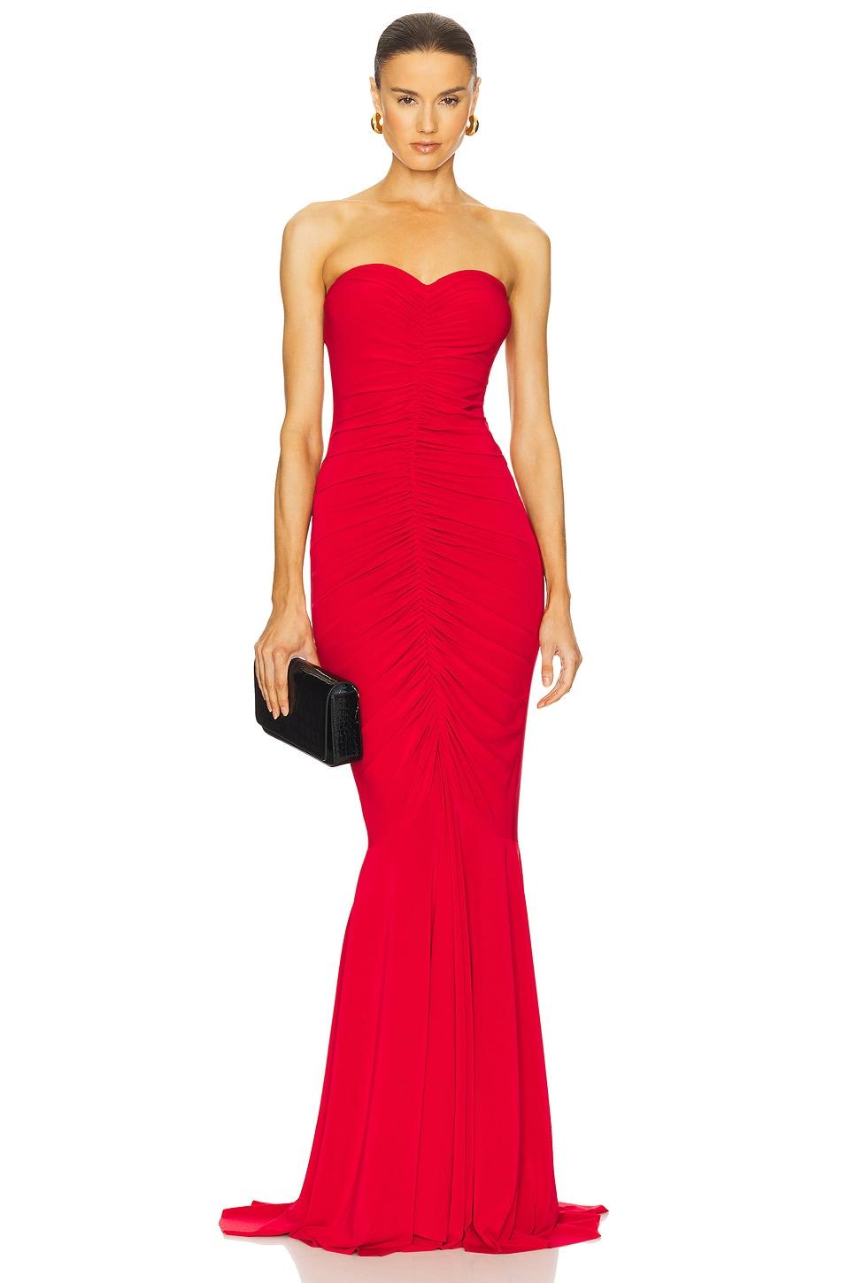 x revolve strapless shirred front fishtail gown