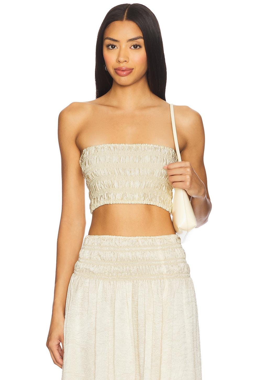 x revolve textured satin smocked bandeau top