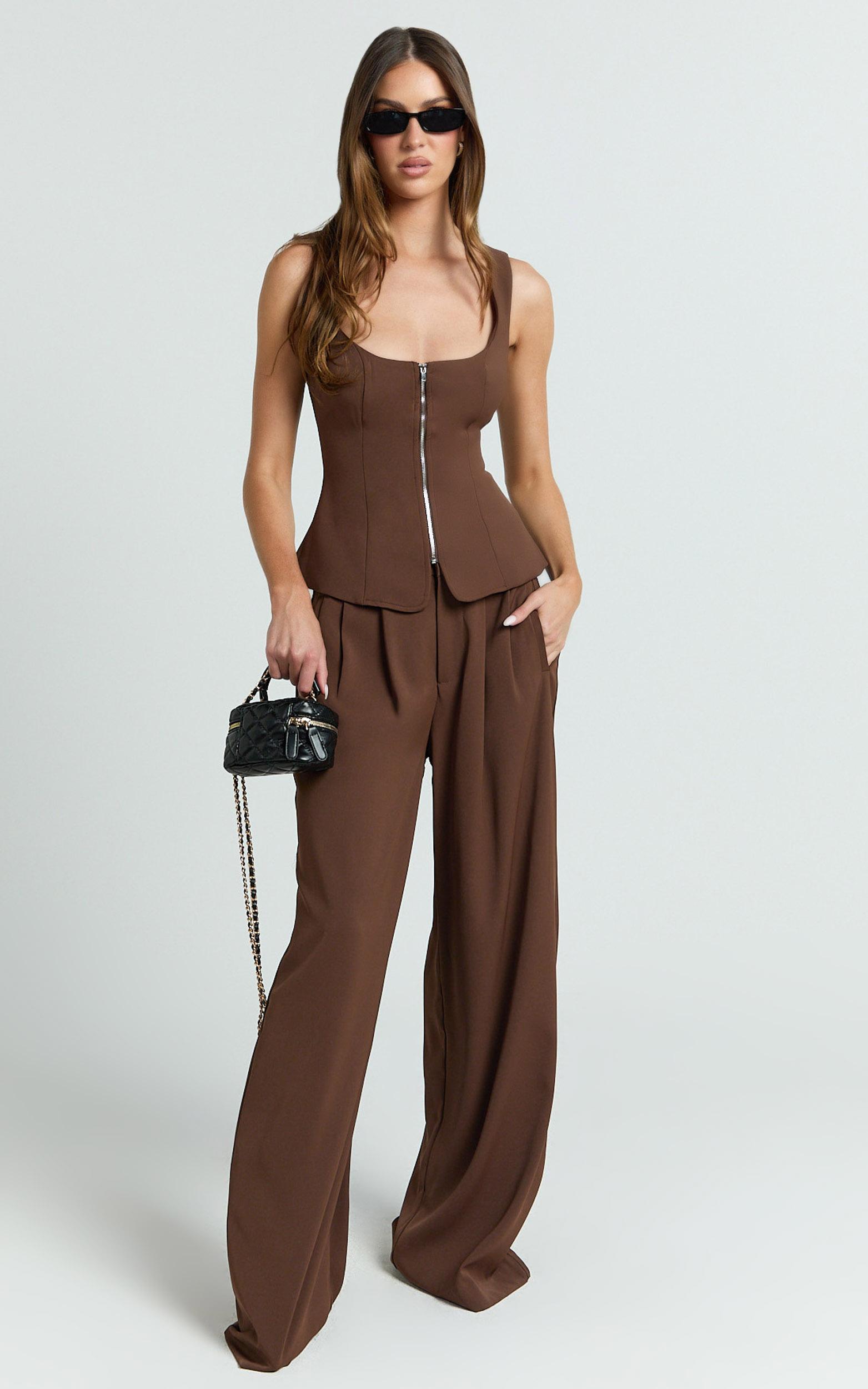 xandria pants - low rise double pleated wide leg pants in brown