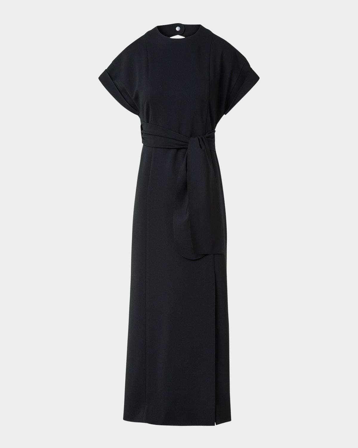 xl dot cutout short-sleeve belted midi slit dress