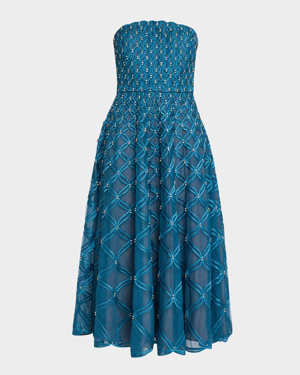 xolani strapless ribbon & crystal midi dress