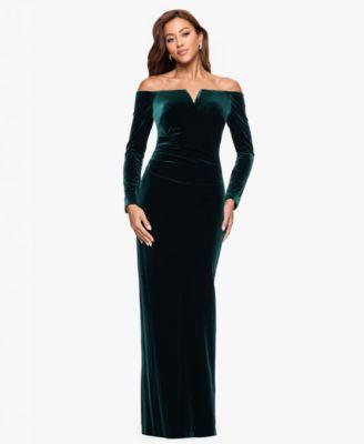 xscape velvet off the shoulder gown