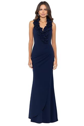 xscape women's elegant v-neck scuba crepe dress with ruffle detail and center back zipper, black, 8
