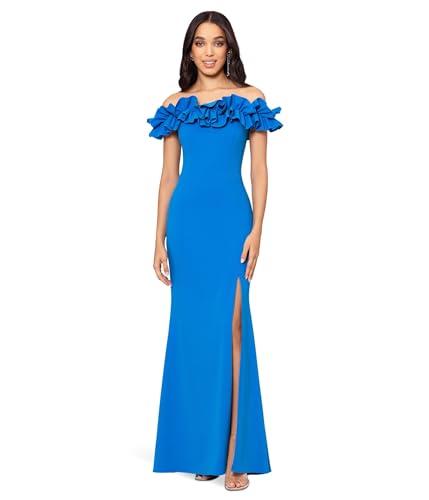 xscape women's long crepe off the shoulder ruffle, turq