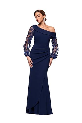 xscape women's long flower ilusion sleeve off-the-shoulder scuba crepe gown, navy, 4