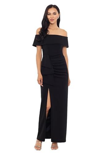 xscape women's long off the shoulder scuba crepe slit dress, black, 16