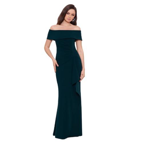 xscape women's long scuba crepe off-the-shoulder dress with center back zipper, pine, 10