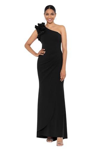 xscape women's long sleeveless one shoulder ruffle scuba crepe dress, black, 14