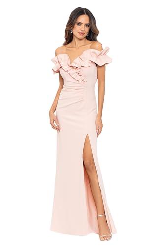 xscape women's long stretch scuba crepe ruffle collar ruched dress, blush, 10