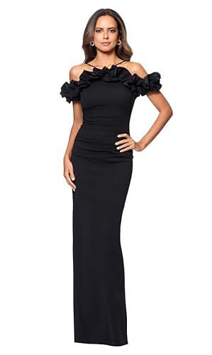 xscape women's off shoulder spaghetti strap ruffle top scuba crepe gown with back slit, black, 14