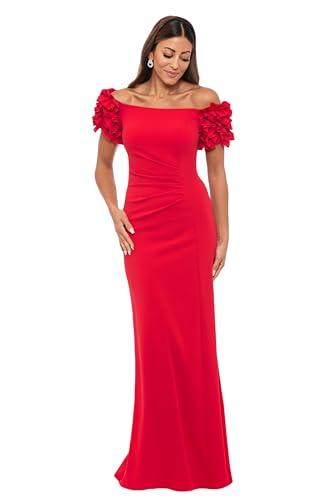 xscape women's off the shoulder ruffle scuba crepe floor length long dress, red, 8