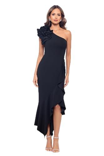 xscape women's one shoulder asymmetric ruffle hem scuba crepe midi dress, black, 10