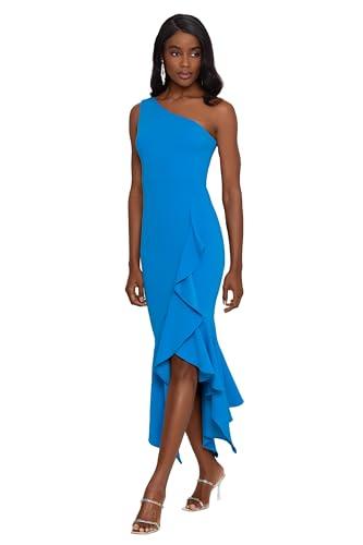 xscape women's one shoulder ruffle scuba crepe midi dress, blue, 12