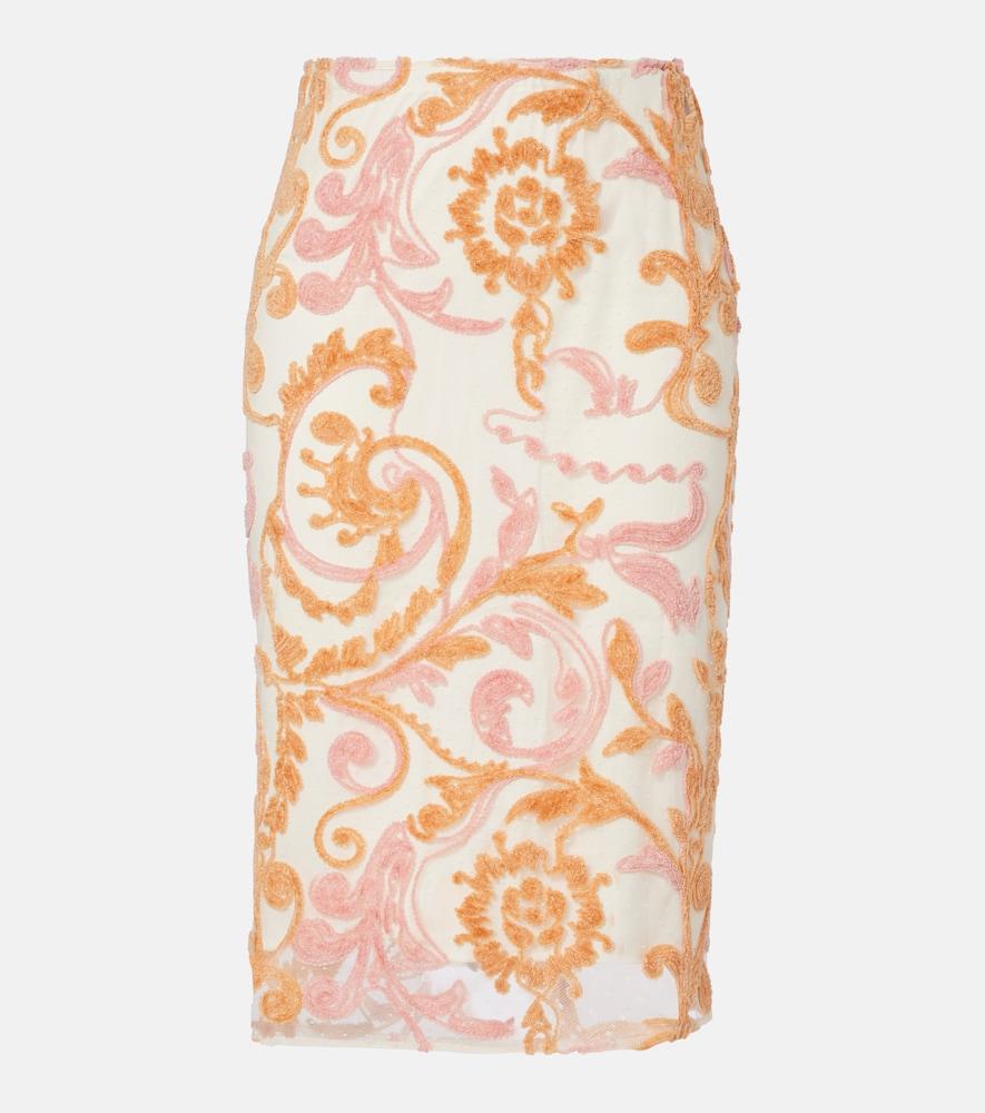 xu zhi embroidered velvet and tulle midi skirt