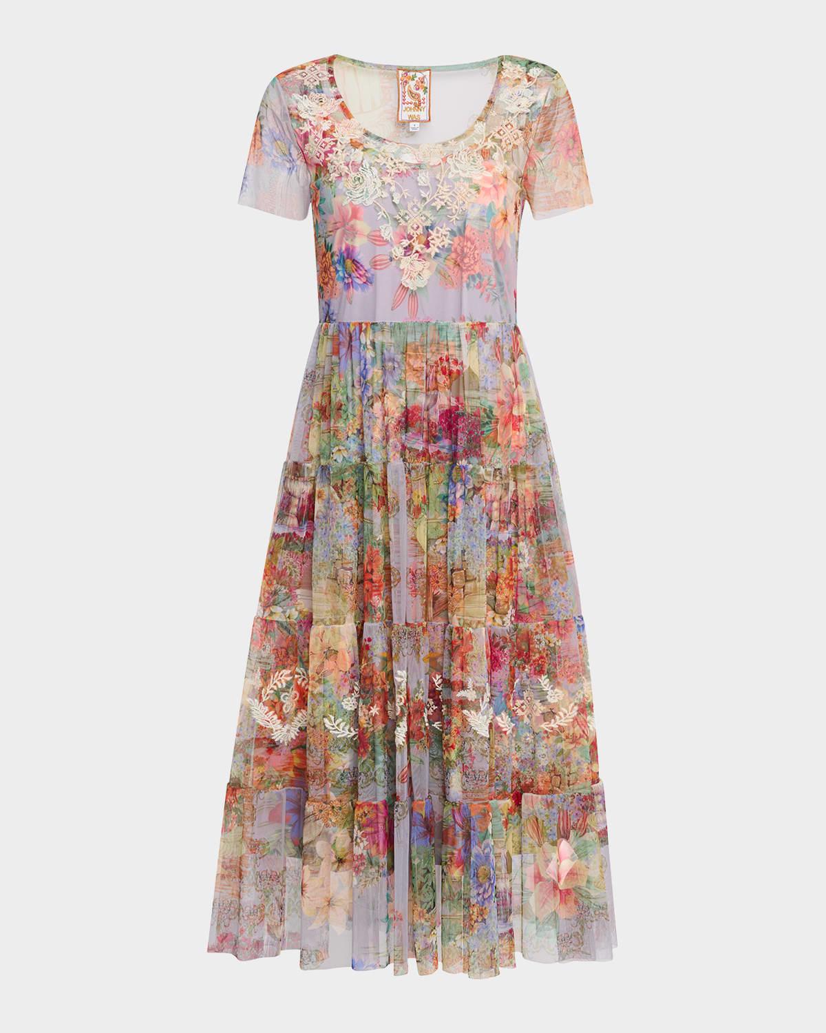 yasmine tiered floral-print mesh midi dress