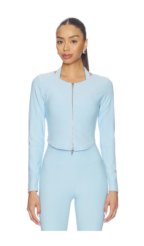year of ours stretch zip up cardigan in baby blue.