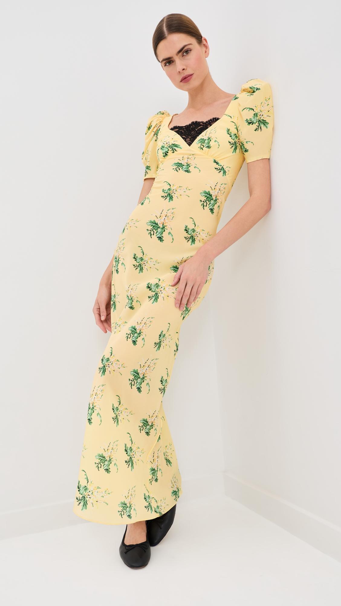 yellow bouquet floral silk crepe dress