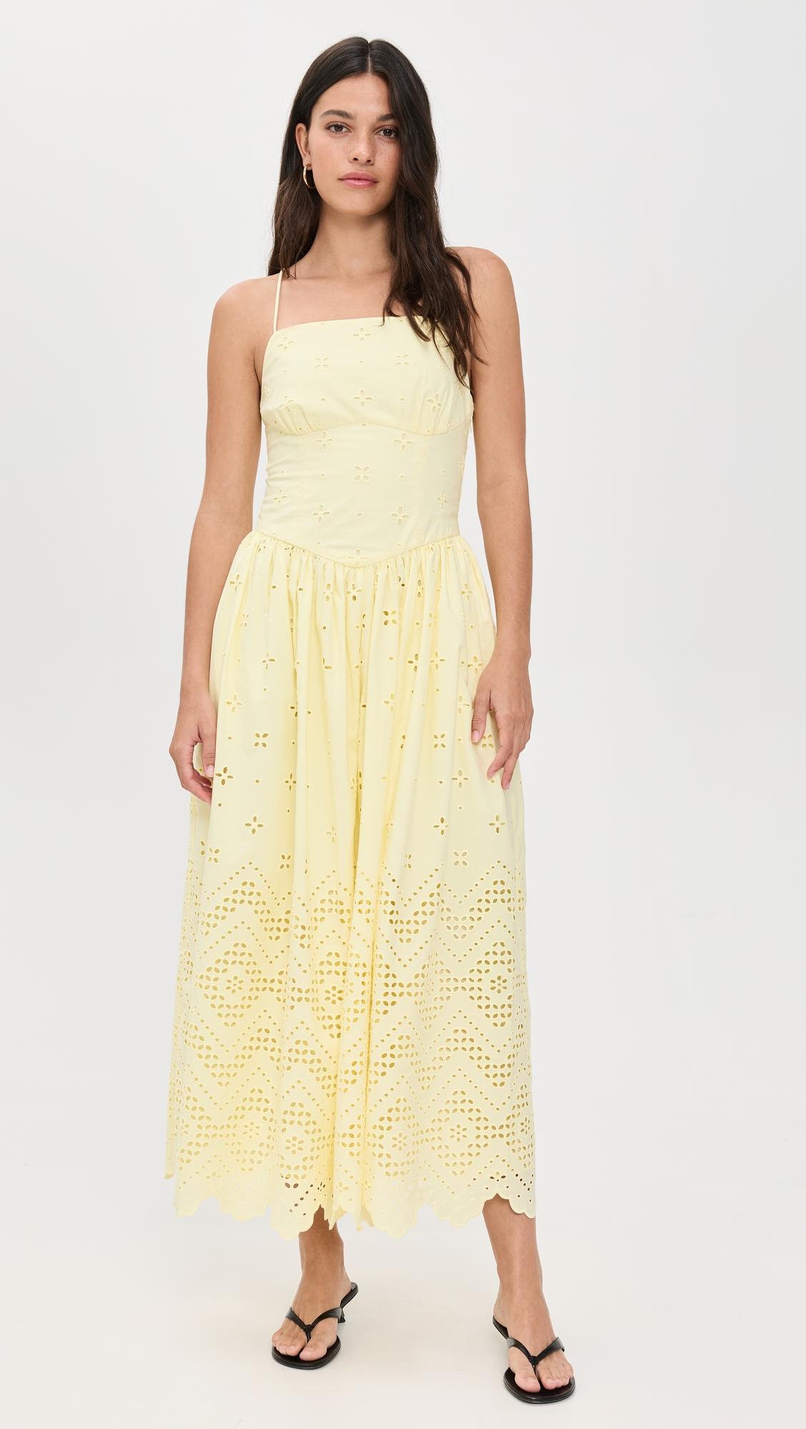 yellow cotton broderie midi dress