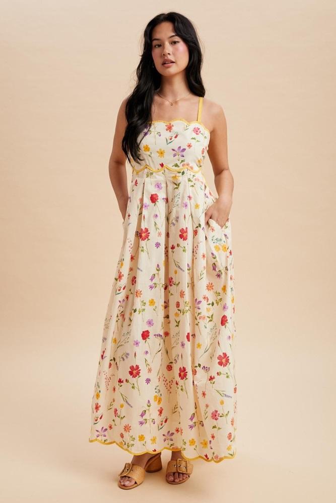 yellow daffodil creme floral scalloped contrast maxi dress